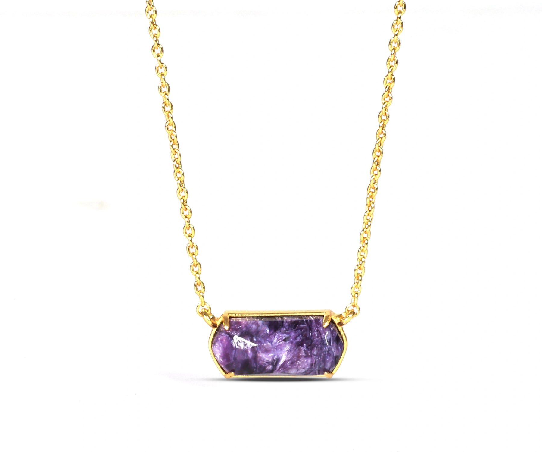 Elegant charoite stone necklace on 18K gold-plated chain.