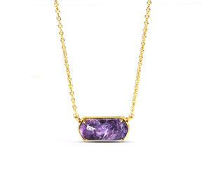Elegant charoite stone necklace on 18K gold-plated chain.