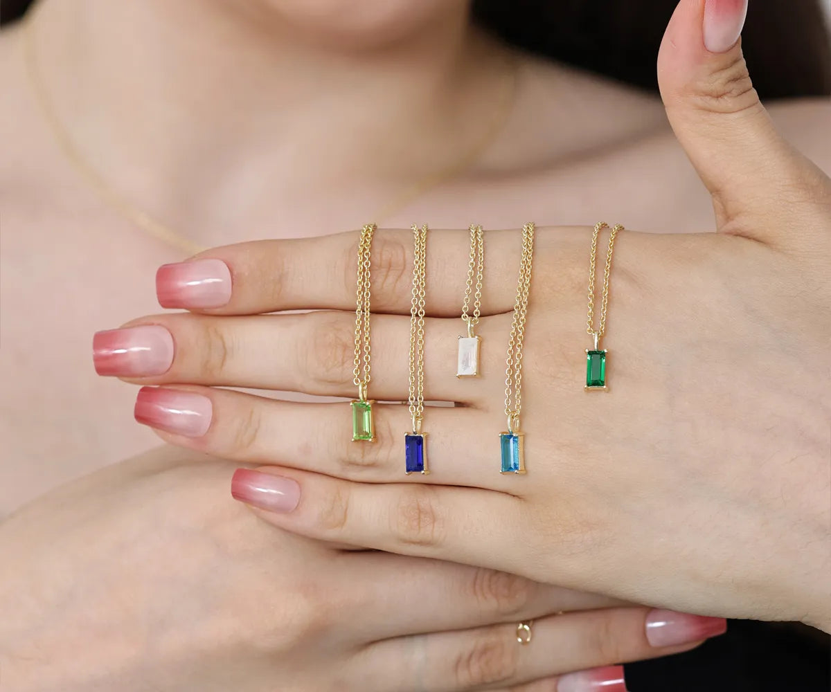 Lightweight gold rectangle pendant necklace on display dainty gold zircon necklace for women, birthstone gold necklace for her