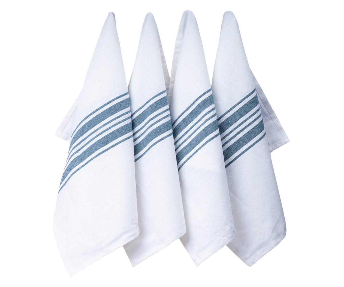 Quartet of kitchen towels showcasing a blue striped pattern