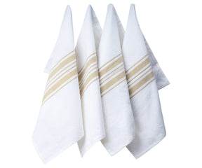 Collection of four kitchen towels adorned with metallic gold stripes