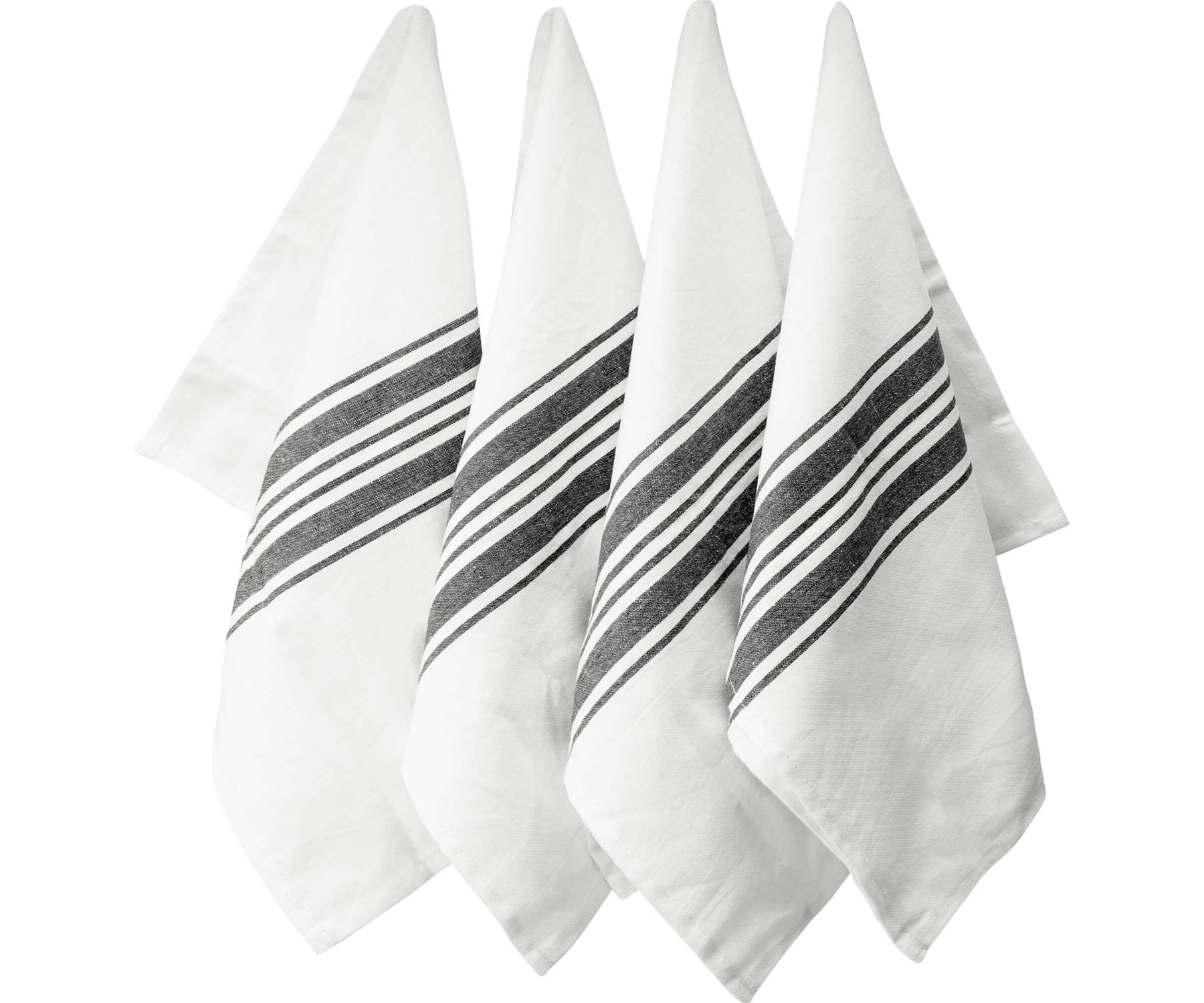 Four kitchen towels with a striking black stripe pattern on a white background