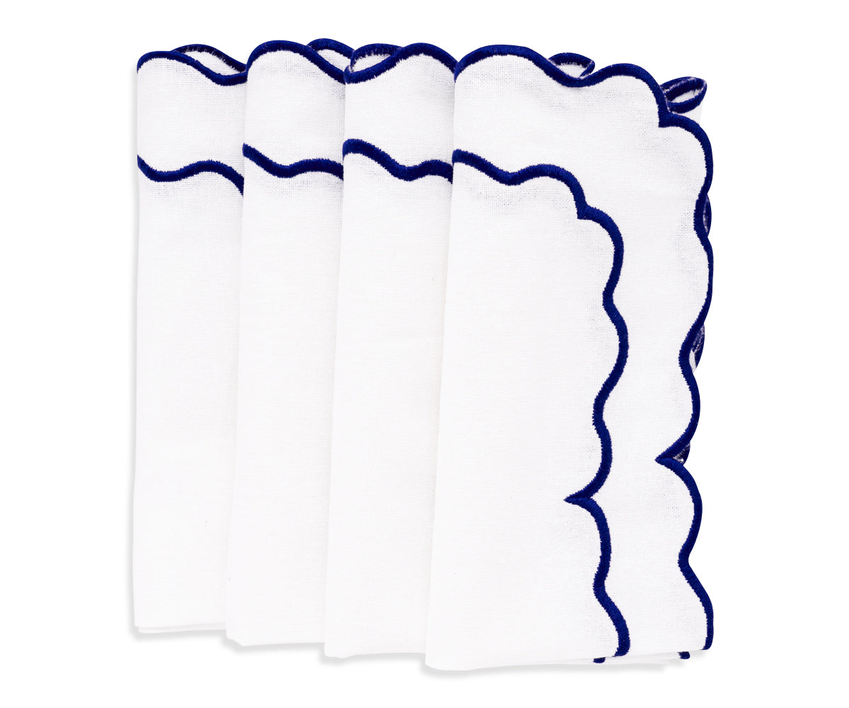 Blue cloth napkins, scalloped napkins, scalloped edge napkins, scalloped cocktail napkins, linen scalloped napkins.