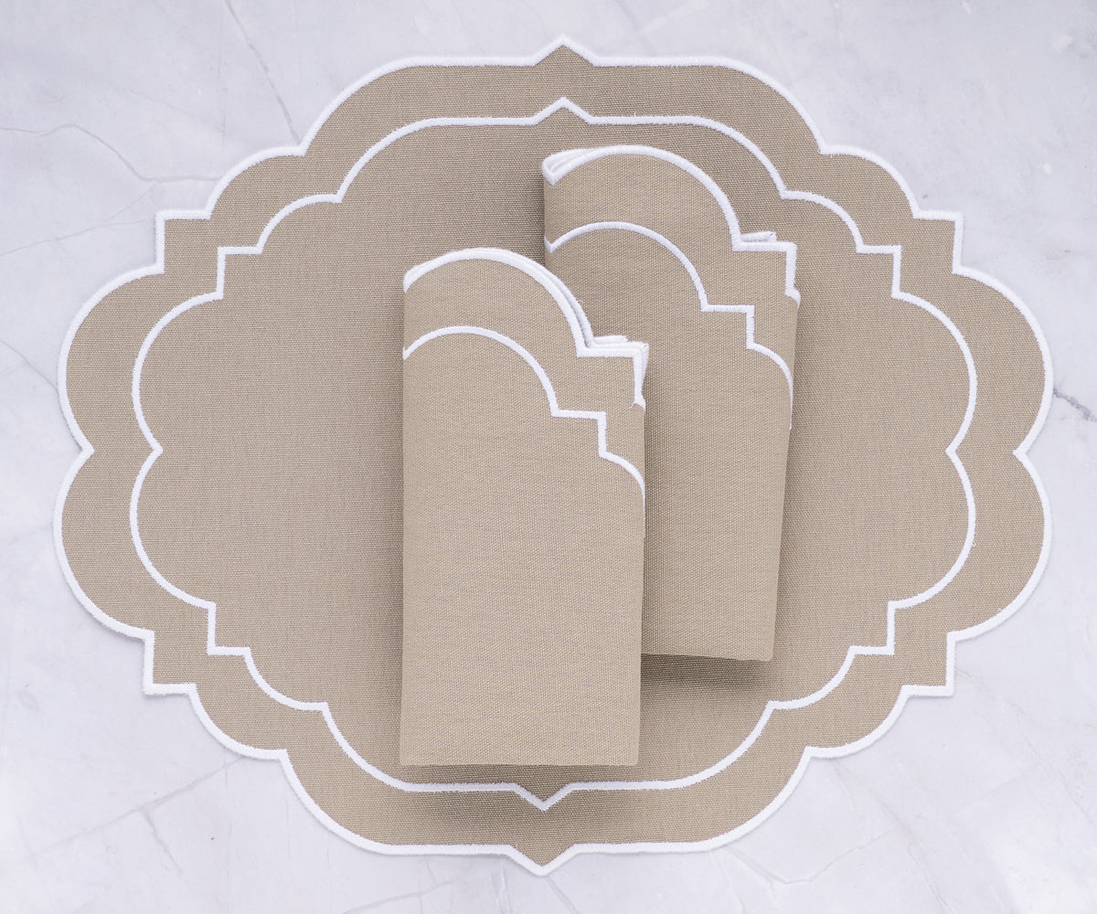 beige placemats with white trim