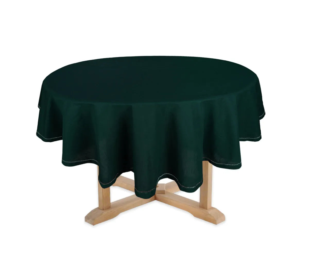 Green cotton round tablecloth with hemstitch detail