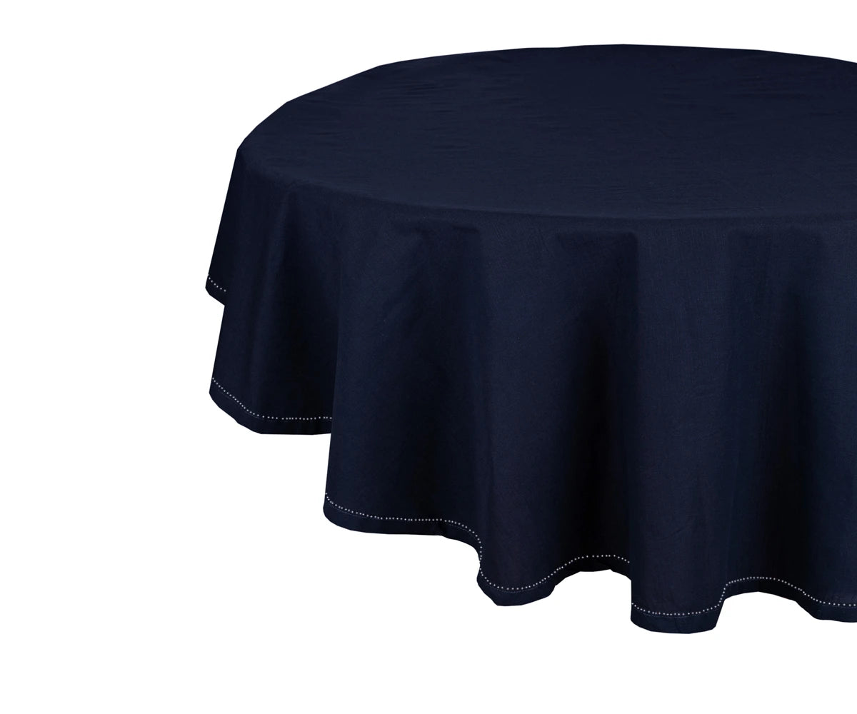 Navy blue round cotton tablecloth with hemstitched border – 63 inch
