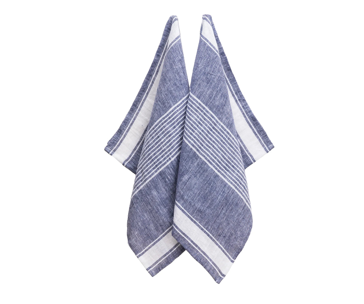 Striped blue and white linen dish towels for kitchen use
