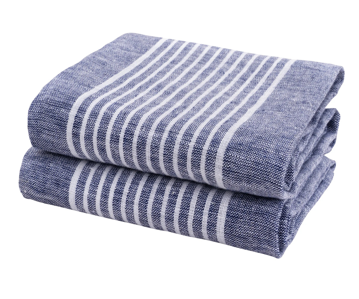 Blue linen kitchen towels set of 2 with white stripes – 18x28 inches