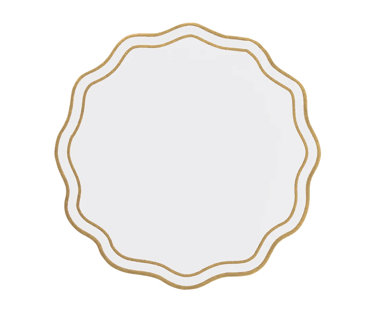 Embroidered cotton dinner placemats with scalloped edges