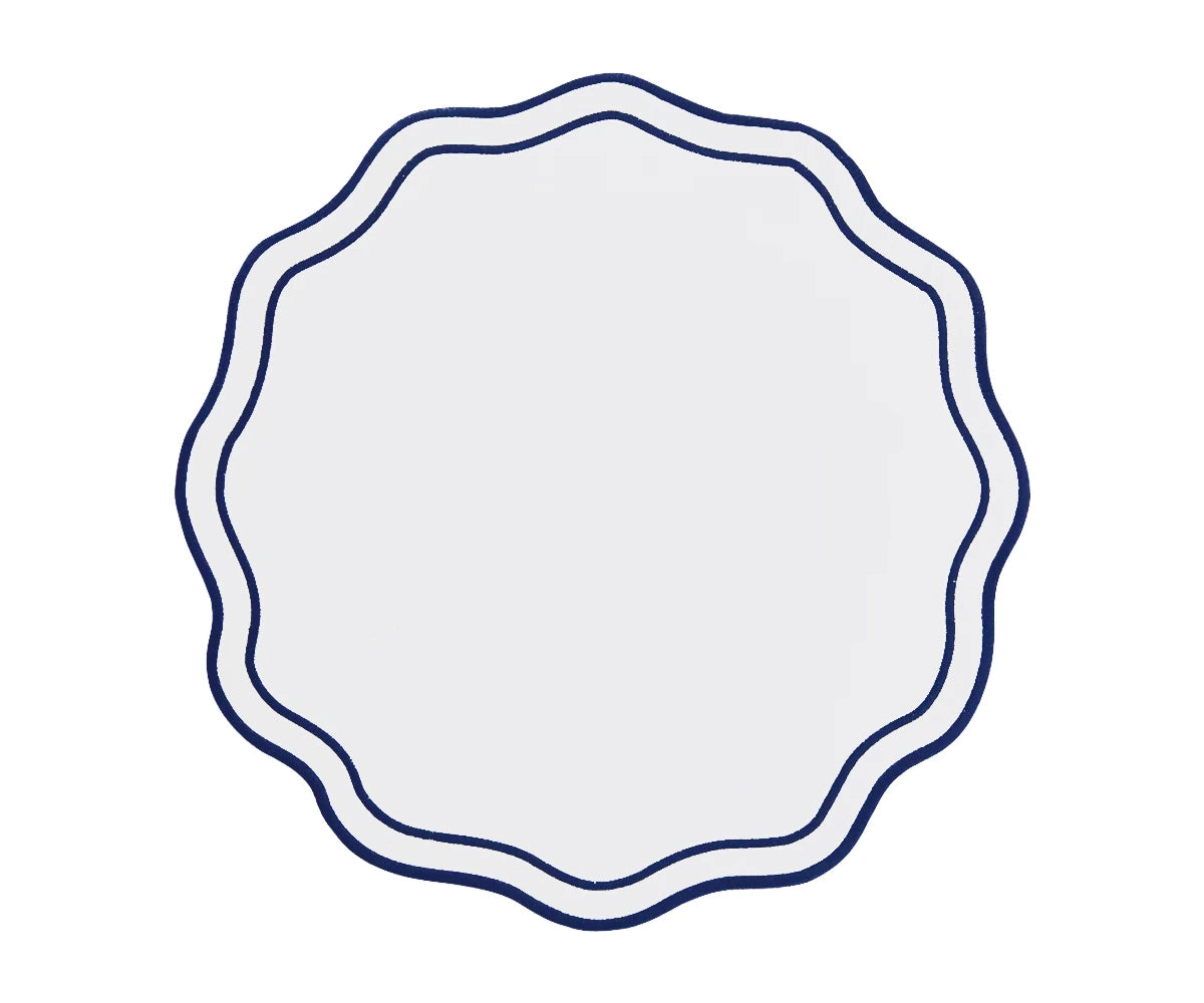 Embroidered navy cotton dinner placemats with scalloped edges