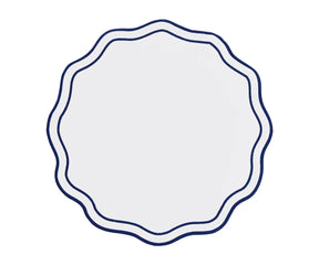 Embroidered navy cotton dinner placemats with scalloped edges