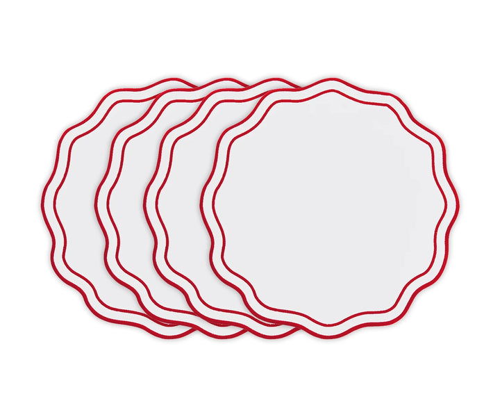 Red round scalloped cotton placemats set of 4