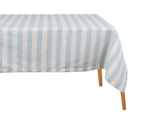 A blue and white striped cotton hemstitched tablecloth designed as a casual dining table cover.
