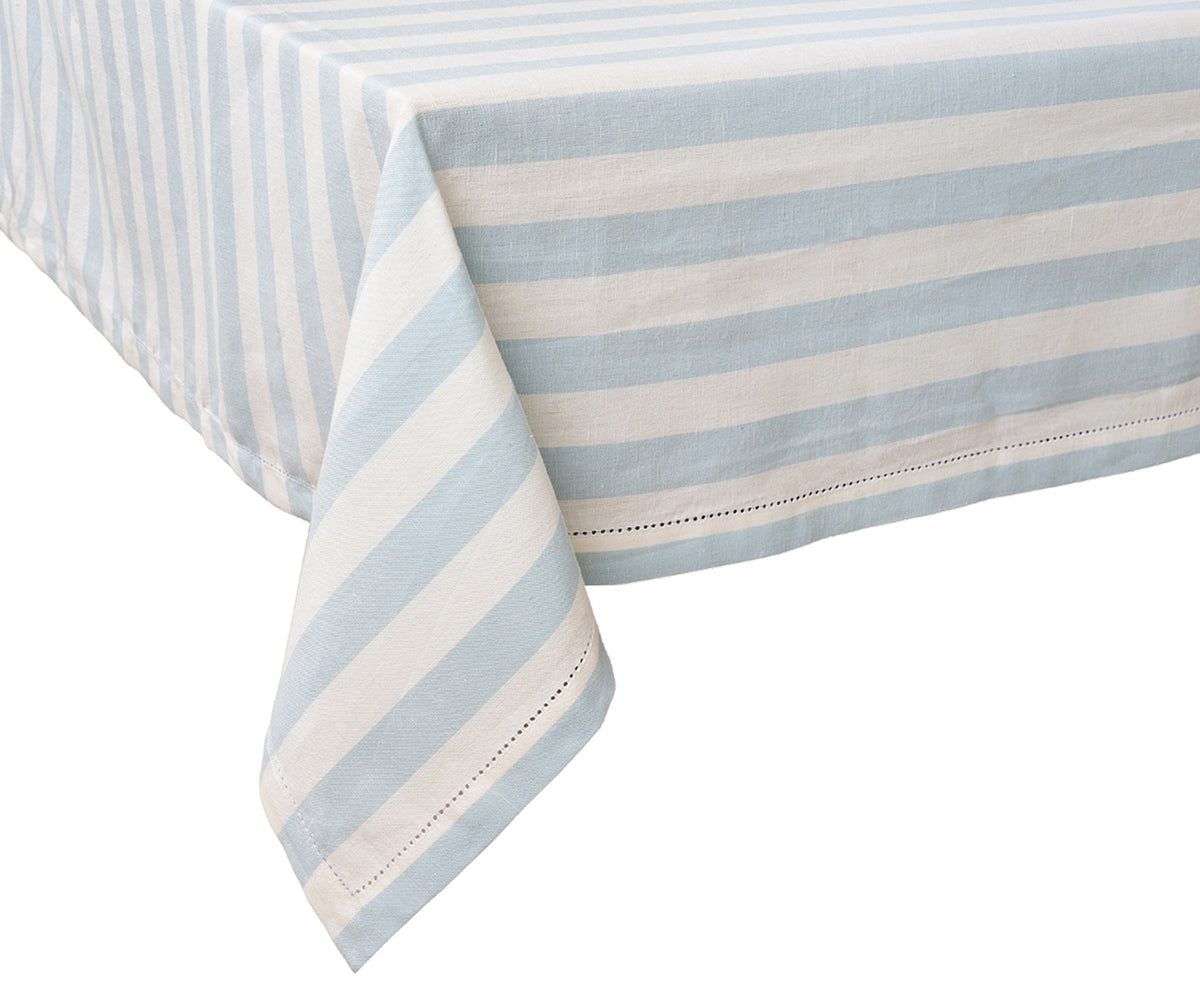 This striped hemstitched tablecloth offers a look for dining tables while being durable and washable.