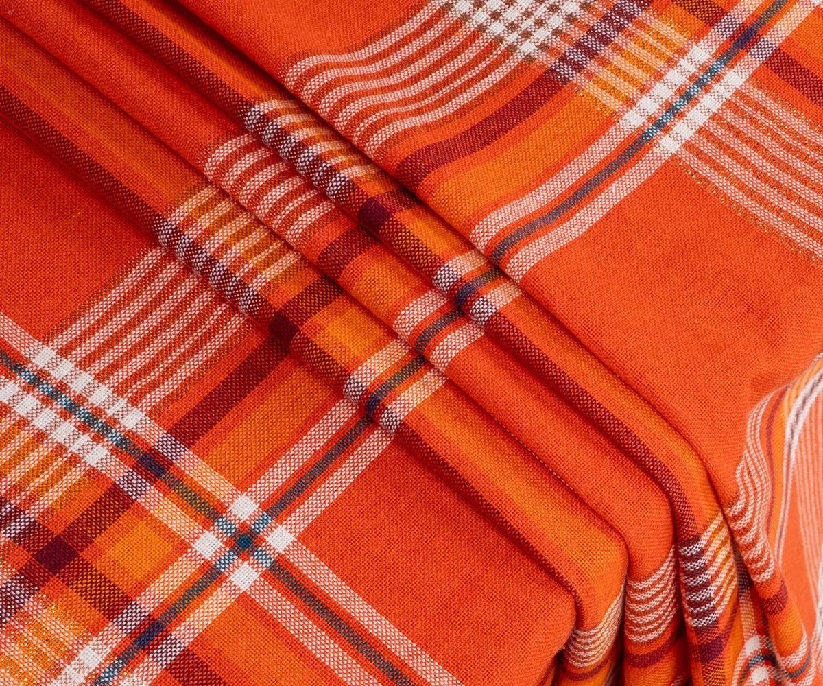 Christmas tartan plaid cotton rectangle tablecloth with orange-red and yellow accent pattern