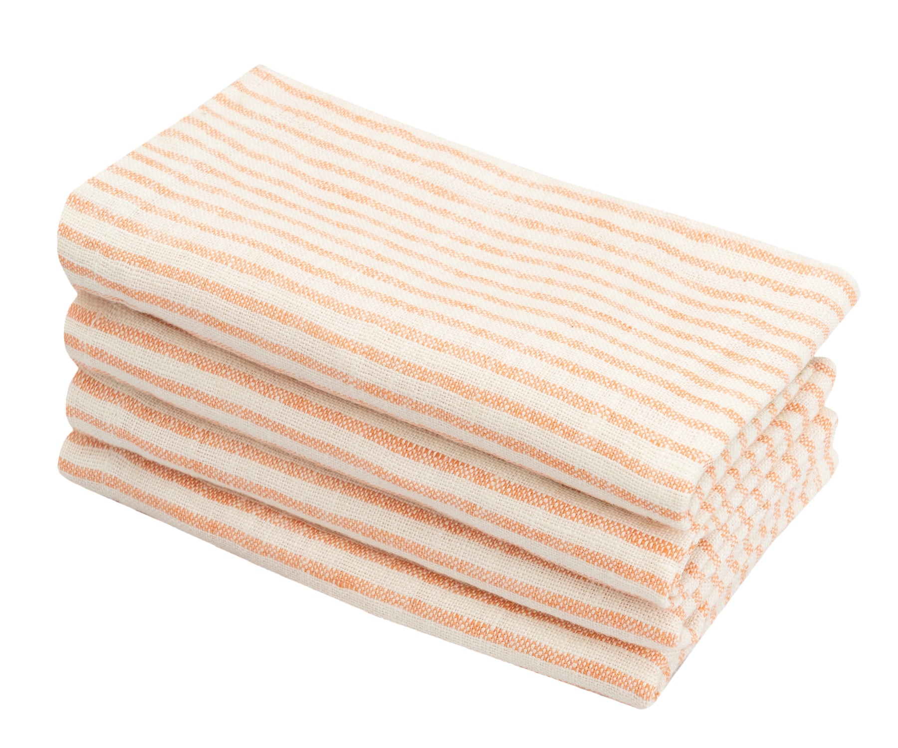 Stack of striped napkins with orange and white stripes on a white background