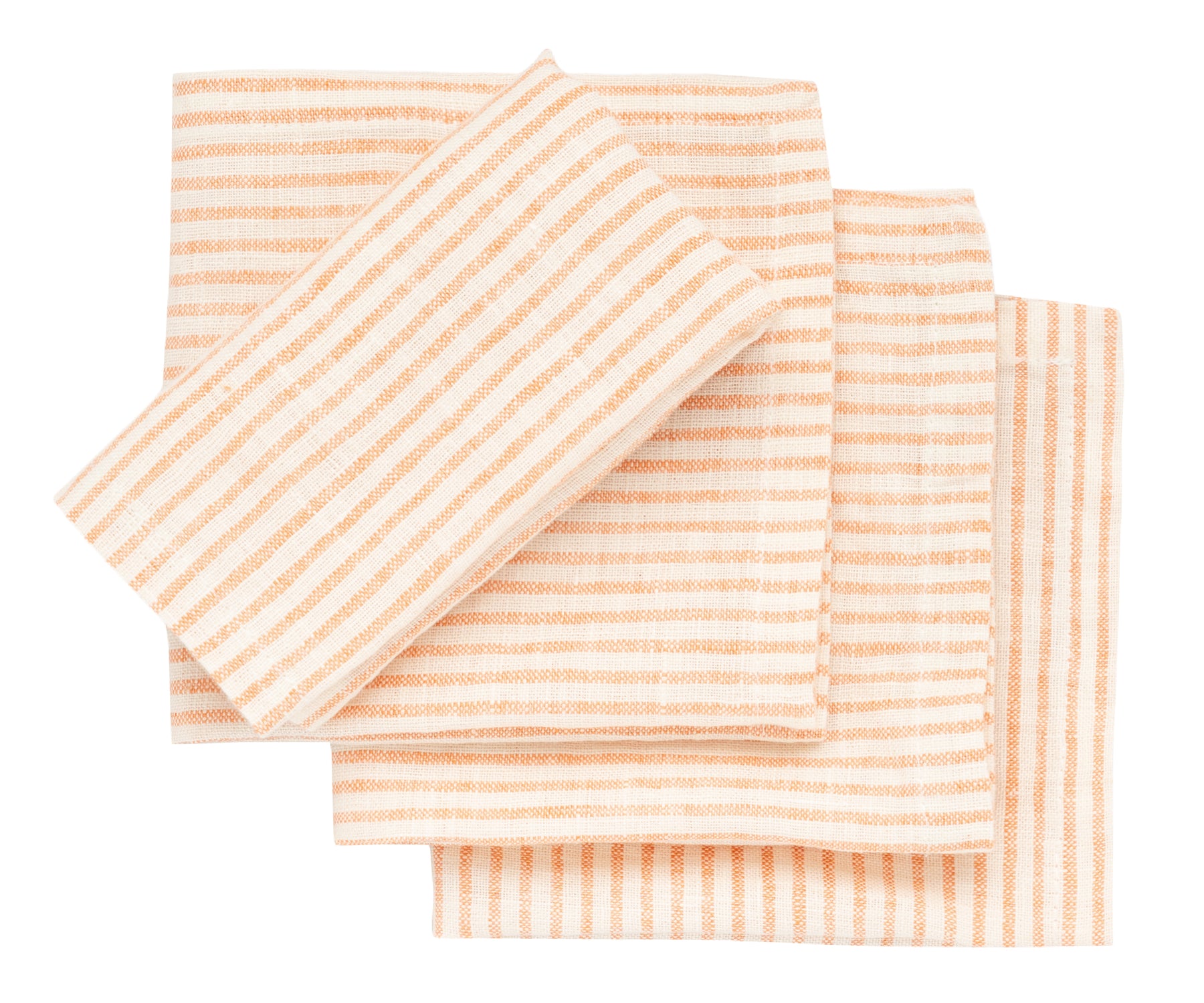 Set of striped napkins in peach and white on a white background