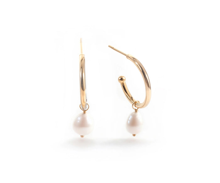 Pearl hoop earrings for women gold minimalist freshwater pearl hoops. Freshwater Pearl Earrings with 18mm Gold-Plated Hoops and Push-Back Closure