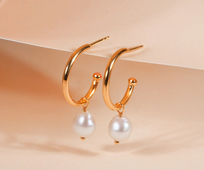 18K Gold Plated Pearl Hoop Earrings with 10x14mm Tumble Pearl