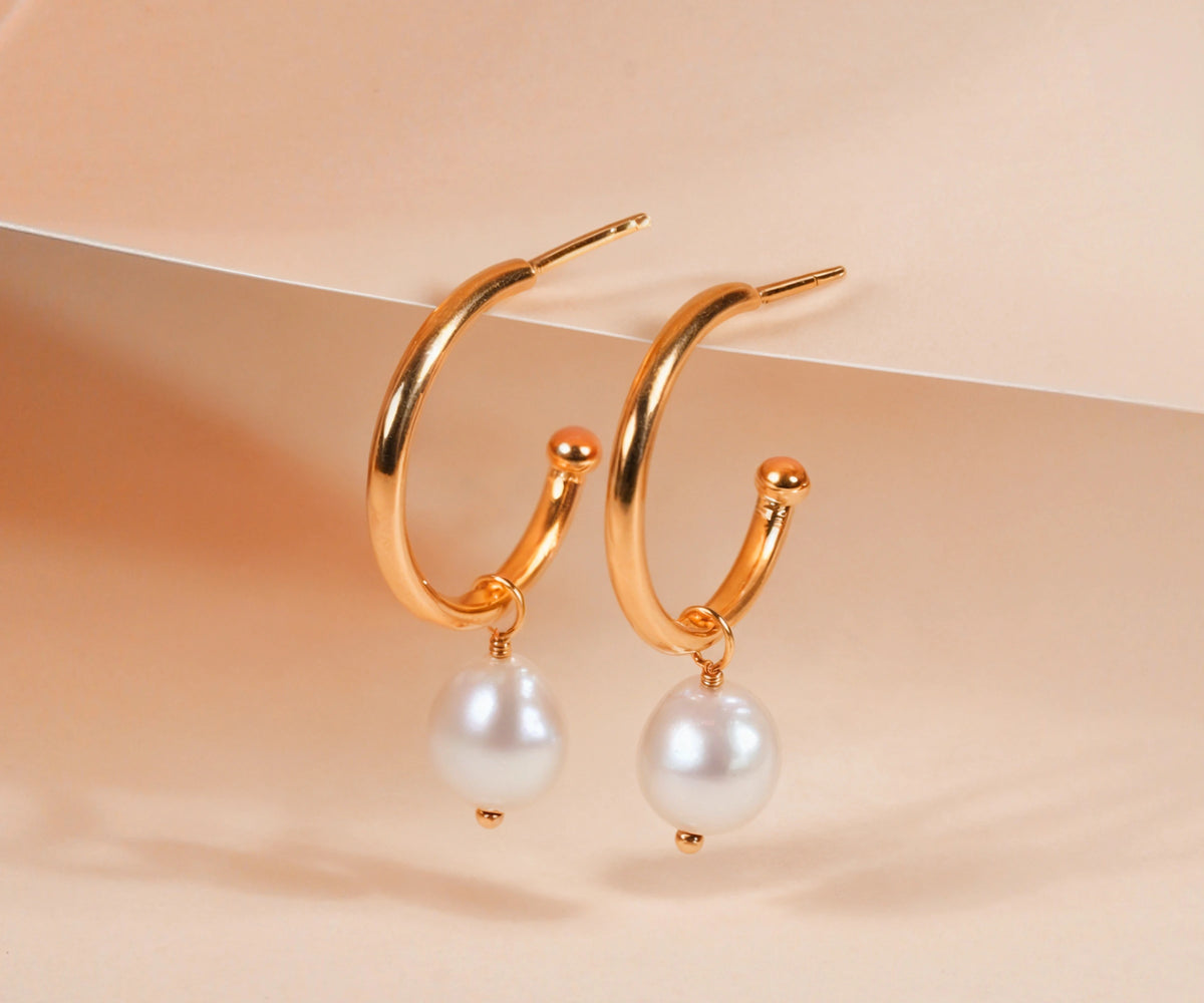 18K Gold Plated Pearl Hoop Earrings with 10x14mm Tumble Pearl