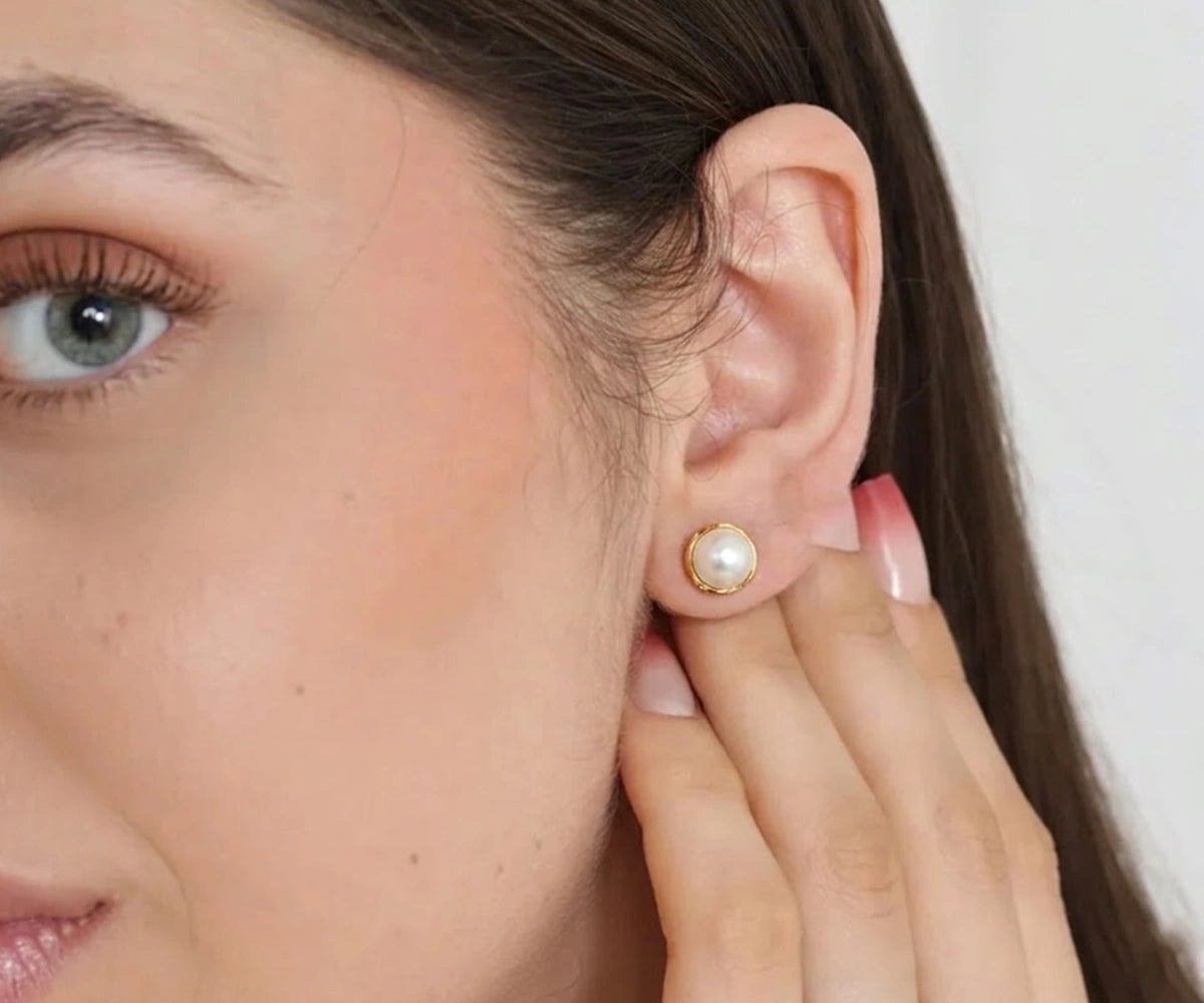 women pearl stud earrings yellow gold plated brass pearl earrings elegant daily wear jewelry