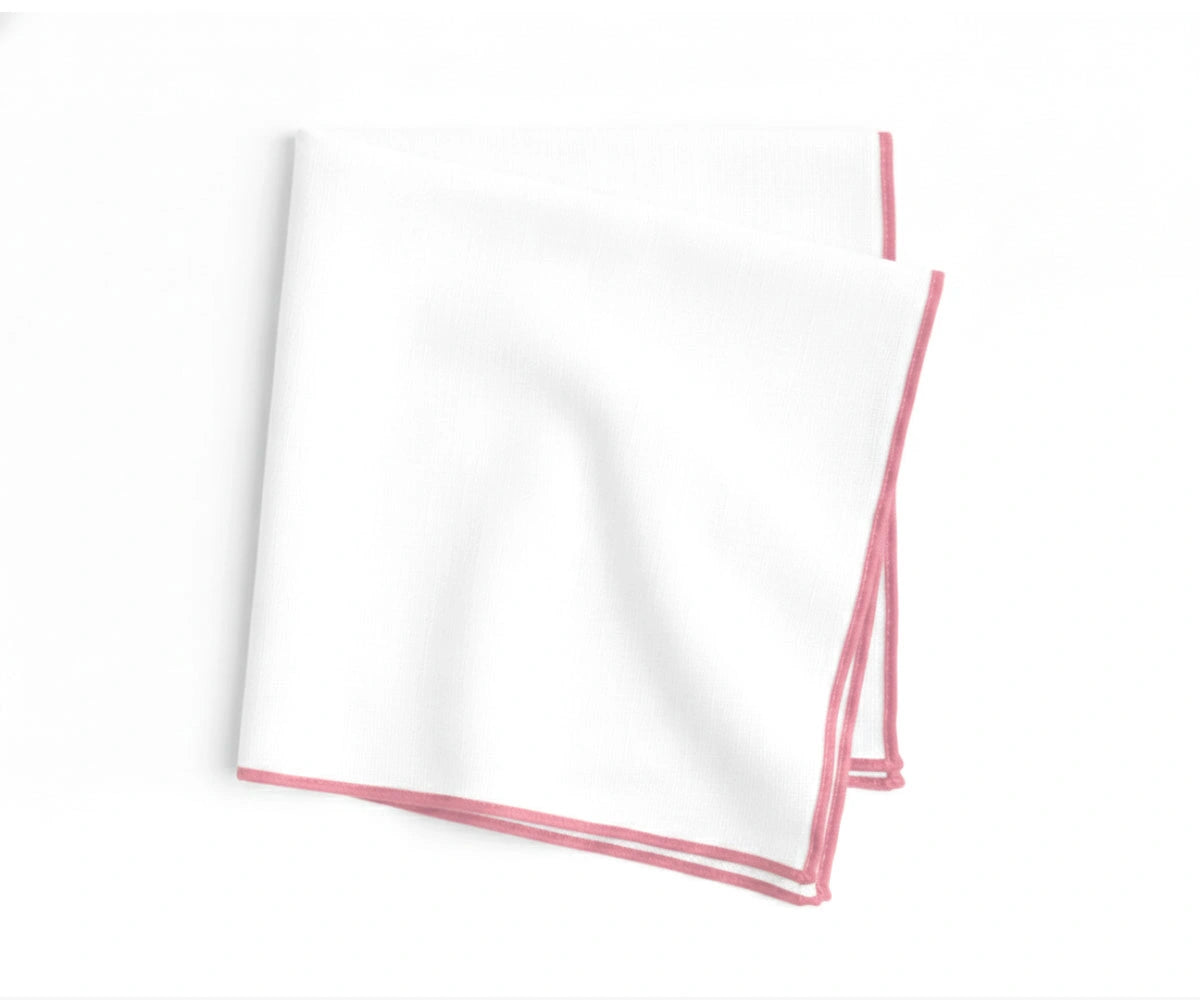 White cotton napkins with peony pink merrow stitch edge, elegant embroidered napkins for romantic table décor