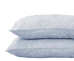 Set of 2 blue linen pillowcases with solid and striped designs, breathable and soft 100% linen fabric, available in Standard, Queen, and King sizes.