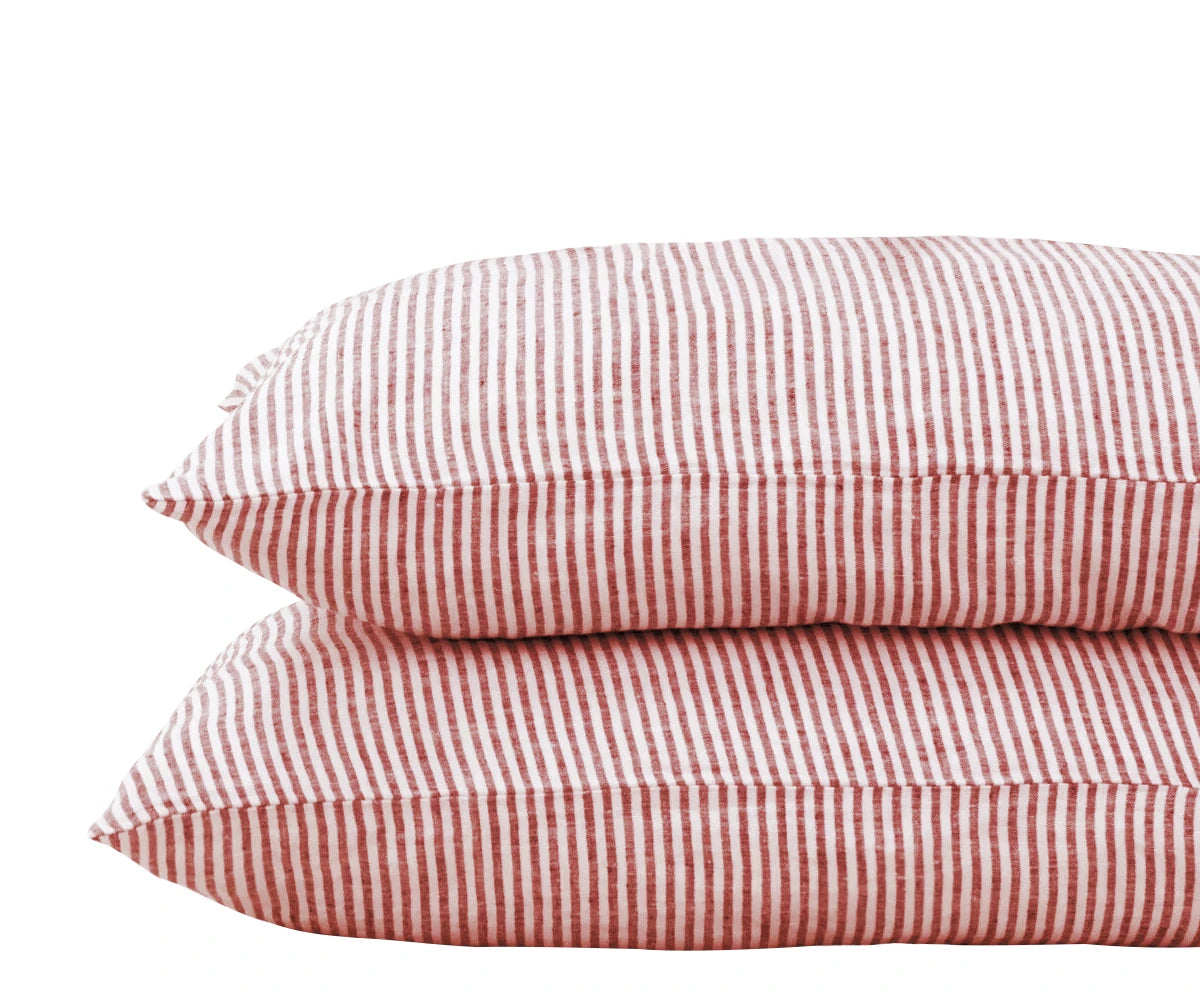 Orange striped linen pillowcases set of 2 in Standard, Queen, and King sizes.