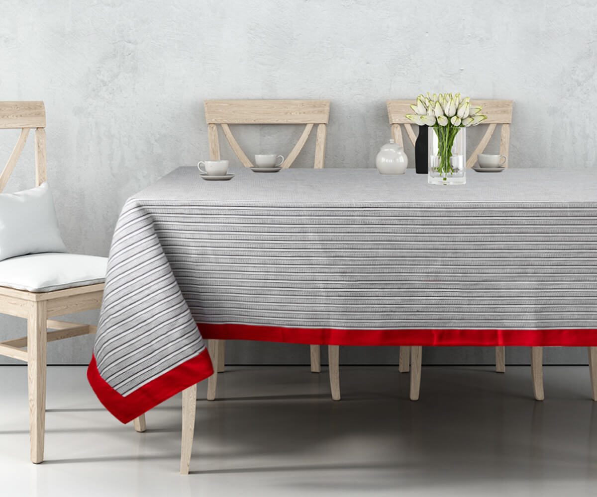 striped tablecloth with red border 