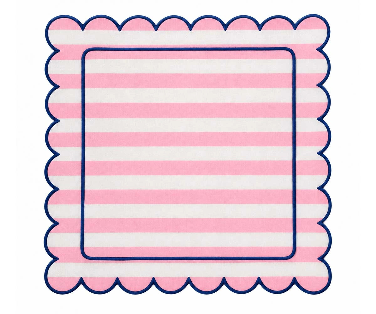 Pink white cabana stripe scalloped cloth napkin with navy edging for spring dining and everyday table decor