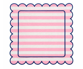 Pink white cabana stripe scalloped cloth napkin with navy edging for spring dining and everyday table decor