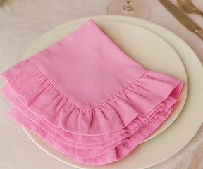 Pink cotton ruffle edge dinner napkins, soft and reusable cloth napkins for weddings, showers, holidays, and everyday family dining table décor.