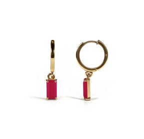 Pink Chalcedony hoop earrings with baguette-cut stone and 18K gold plating