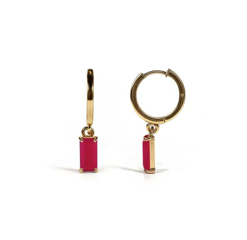 Pink Chalcedony hoop earrings with baguette-cut stone and 18K gold plating