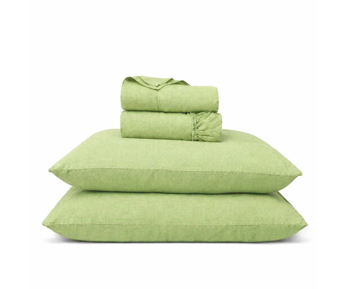 Fresh pistachio linen bed sheets made from premium European flax for a serene bedroom aesthetic