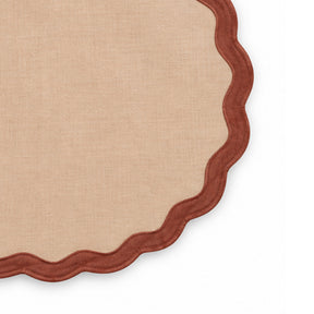 Desert sunset cotton dining placemat featuring a bordeaux scalloped border, reusable table mat