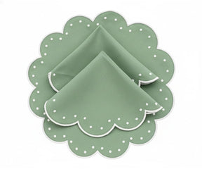 Sage green cotton dining placemats with elegant scalloped border and white dot accents
