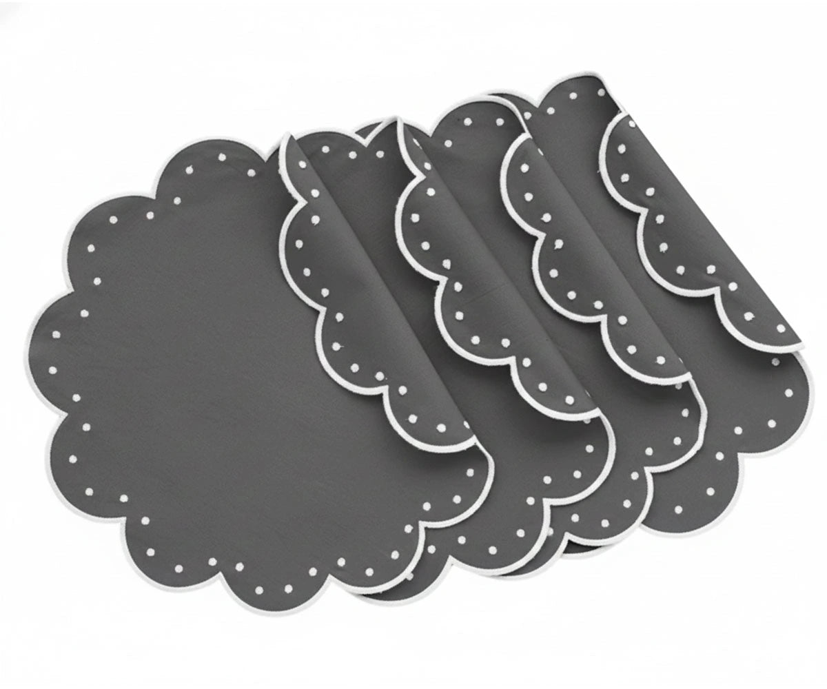 Luxury charcoal table placemats with scalloped edges, washable cotton placemats for dining table