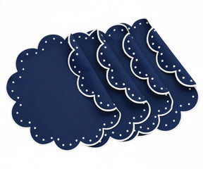 Luxury navy blue table placemats featuring scalloped edges and white accents, washable cotton placemats