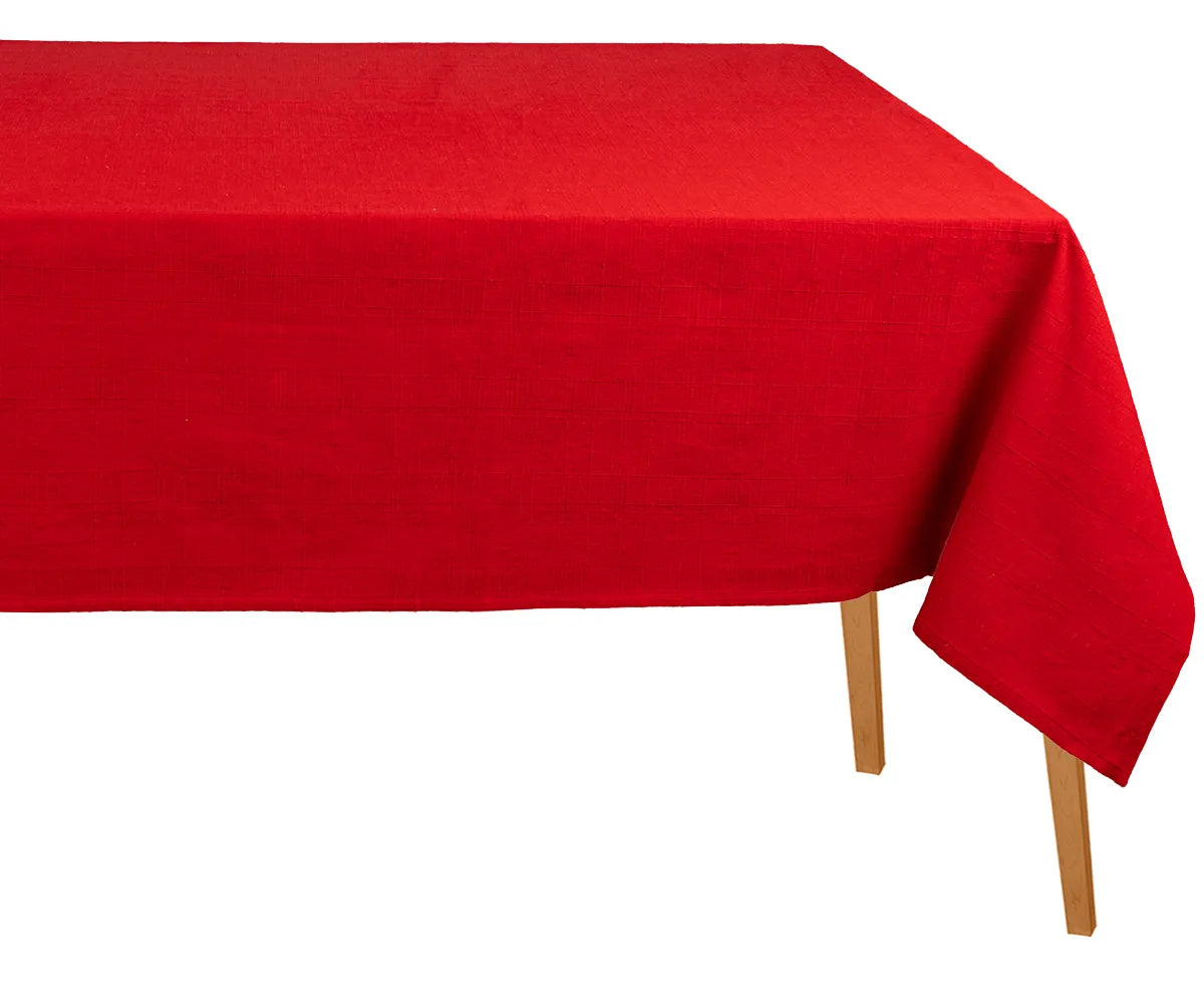 Red rectangular cotton tablecloth on a dining table, made from 100% soft and durable cotton fabric, perfect for everyday meals, holidays, and special occasions.