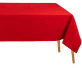 Red rectangular cotton tablecloth on a dining table, made from 100% soft and durable cotton fabric, perfect for everyday meals, holidays, and special occasions.