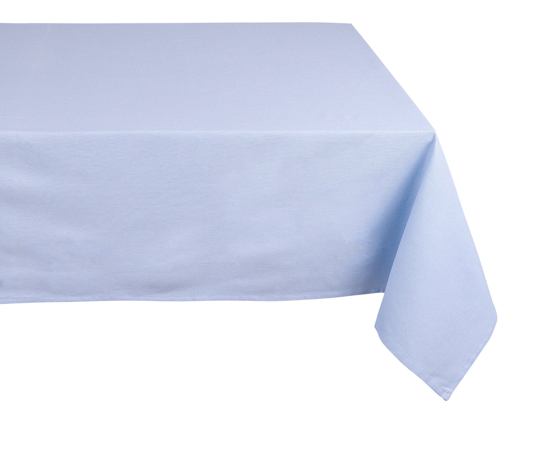 Elegant rectangle cotton tablecloth in sky blue set up for outdoor party with simple runner