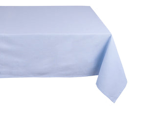 Elegant rectangle cotton tablecloth in sky blue set up for outdoor party with simple runner