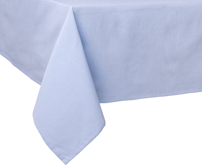 Soft cotton sky blue rectangle tablecloth styled for a wedding reception with classic dinnerware