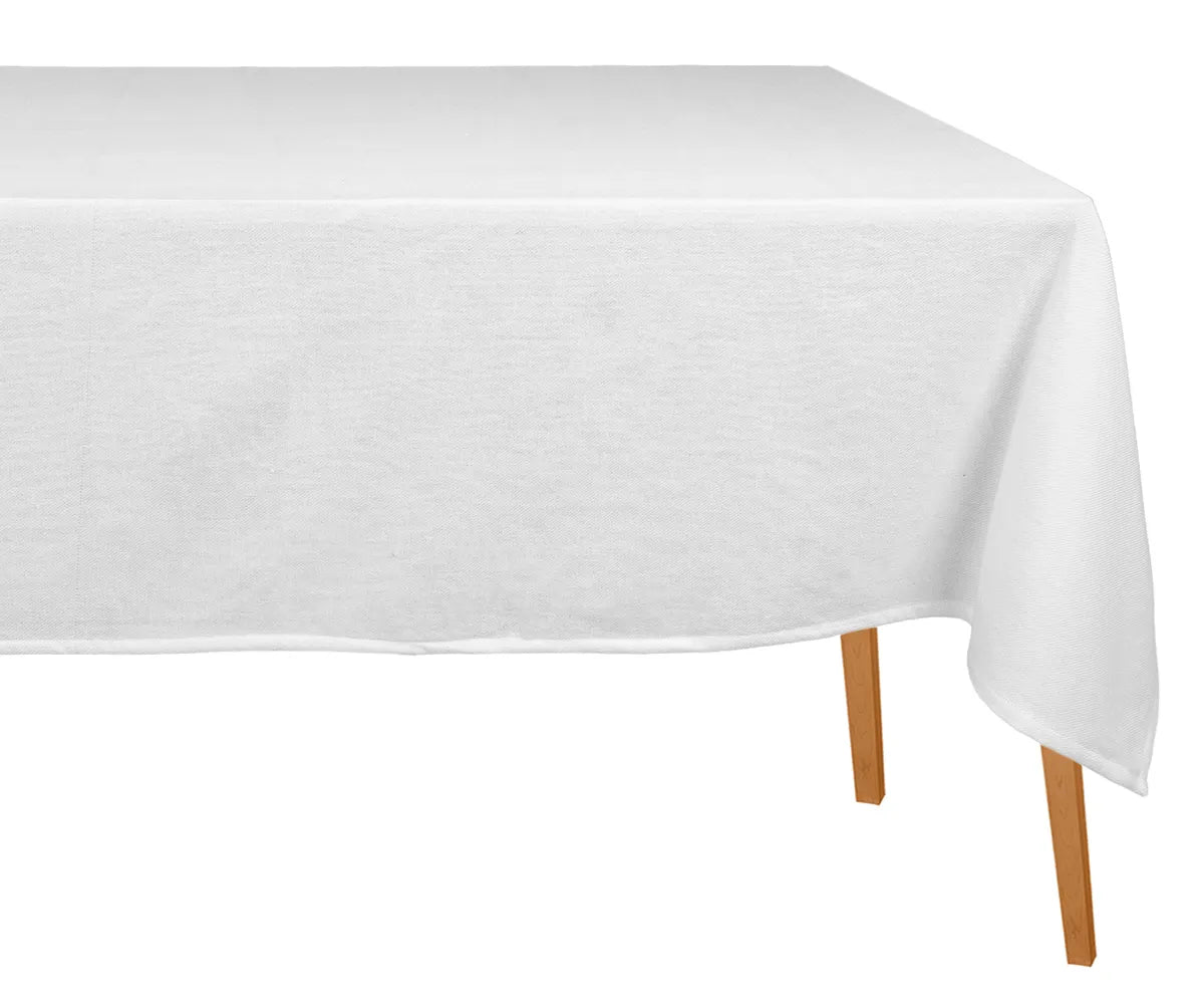 Elegant white rectangular cotton tablecloth on a dining table, soft and durable fabric, perfect for weddings, holidays, or everyday indoor and outdoor meals.