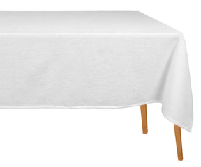 Elegant white rectangular cotton tablecloth on a dining table, soft and durable fabric, perfect for weddings, holidays, or everyday indoor and outdoor meals.