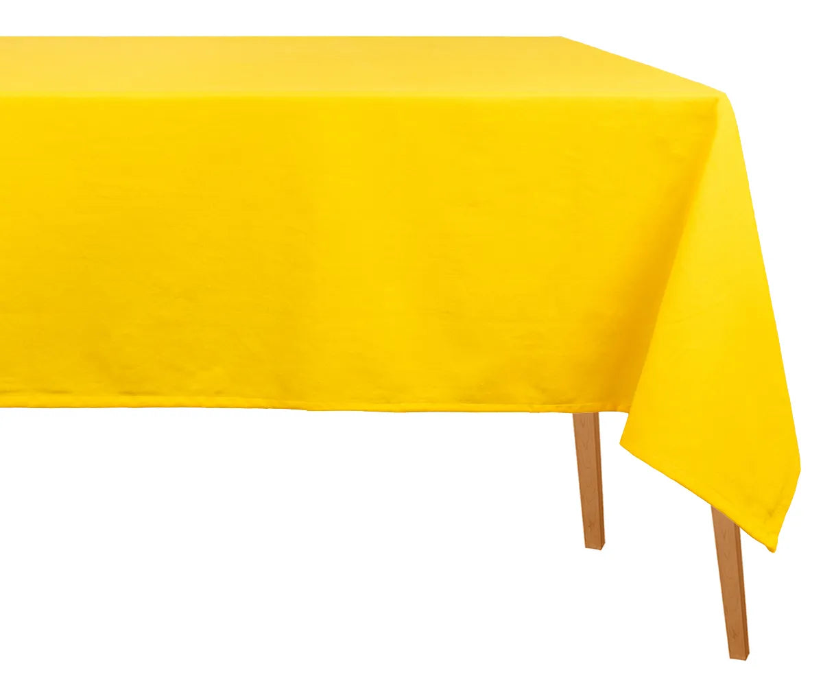 Bright yellow rectangular cotton tablecloth on a dining table, soft and breathable fabric, perfect for everyday meals, picnics, or festive occasions.
