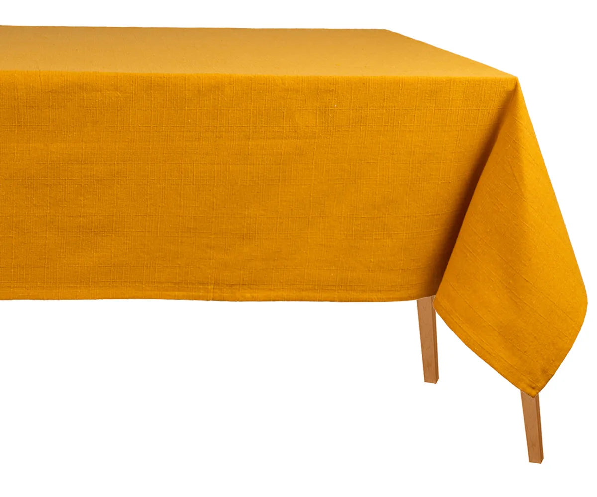 Yolk rectangle cotton tablecloth on dining table, indoor setup