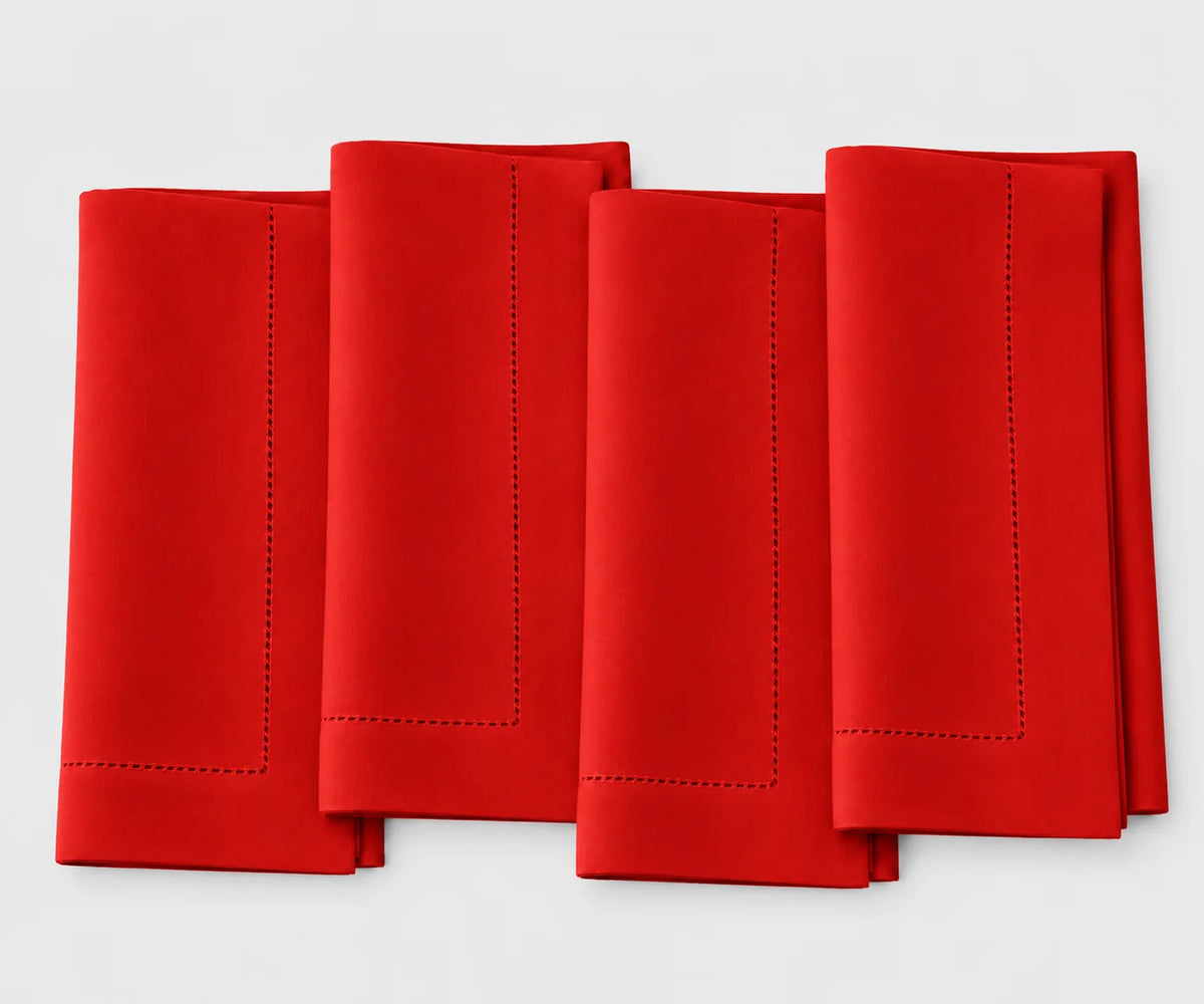 Bold poppy red cotton hemstitch napkins, reusable washable cloth dinner napkins for weddings, holiday tables, dinner parties, and everyday dining.