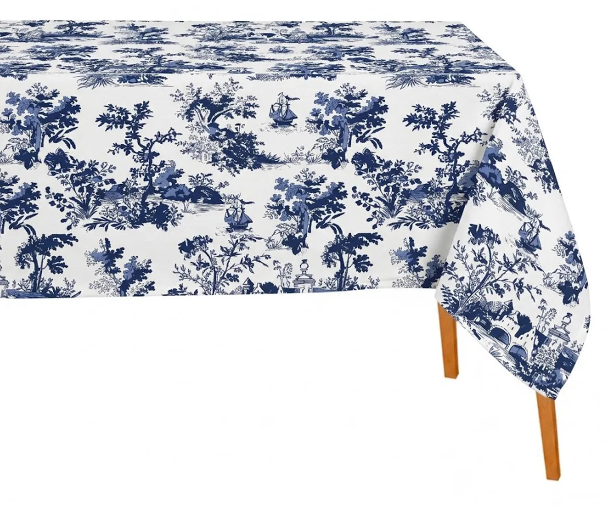 Blue and white toile tablecloth in 100% cotton (180 GSM) with French countryside floral print, rectangular design, soft durable fabric, fade-resistant and machine washable, ideal for dining tables, brunch settings, and elegant home décor